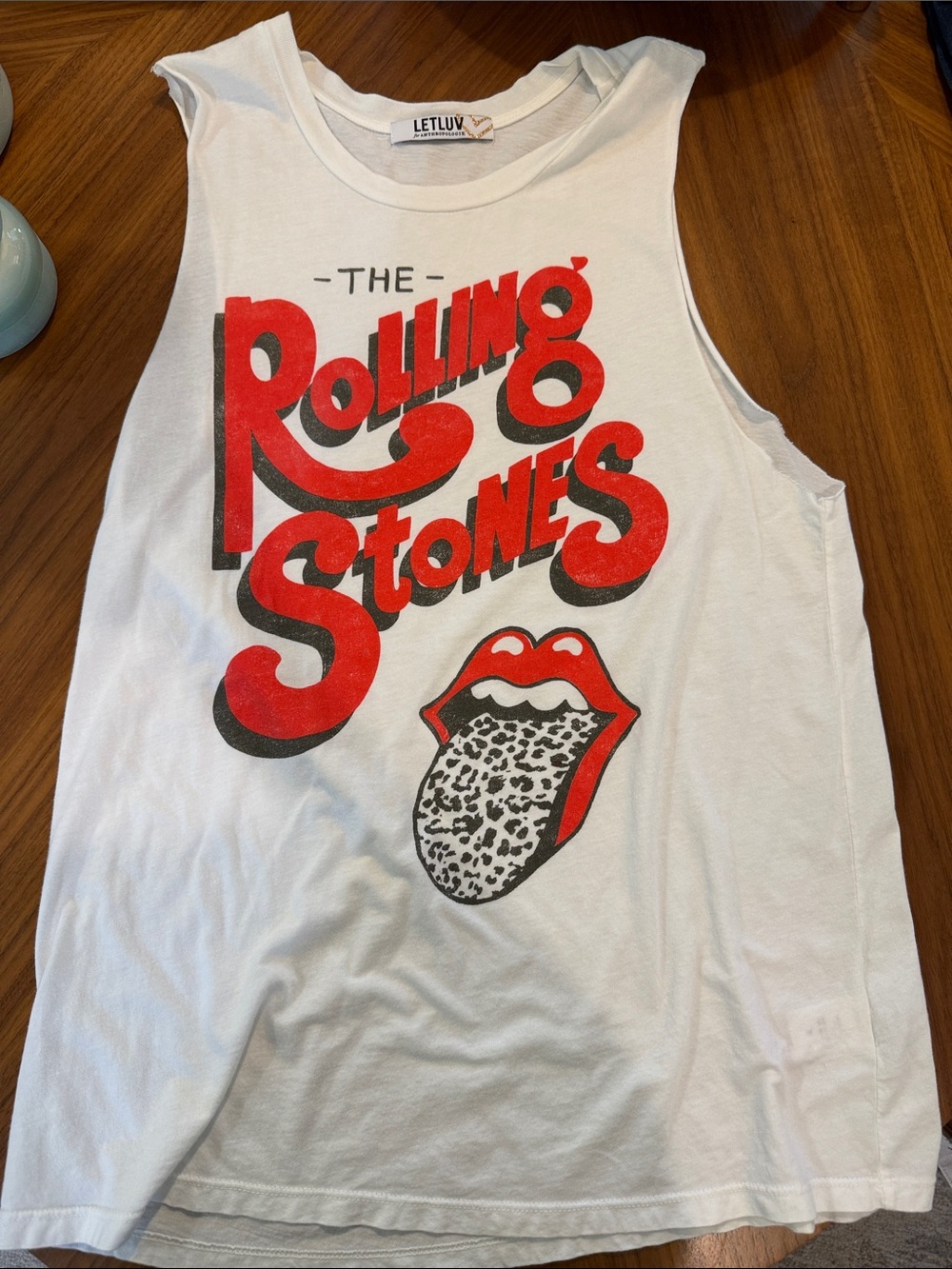 Anthropologie White Tank Top with Red and Black Rolling Stones Graphic